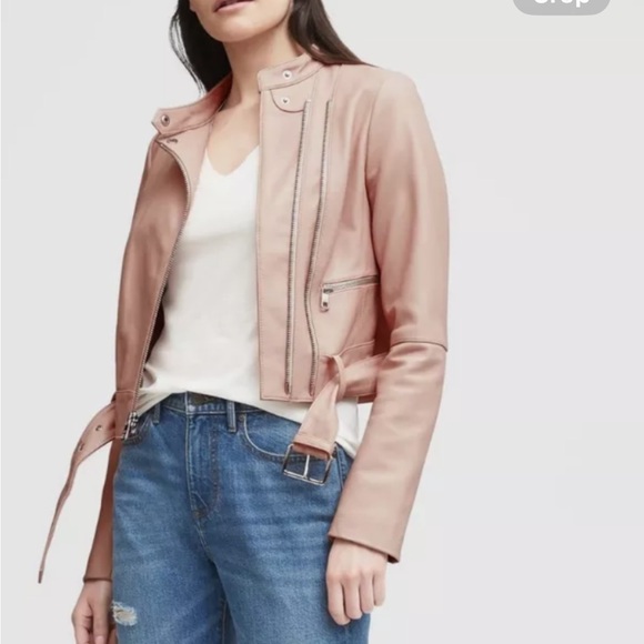 NWT Banana Republic Heritage Cropped Leather Moto Jacket, Peachy Pink SZ XL - Picture 1 of 4
